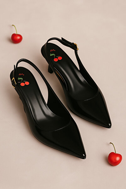 Long Star حذاء نسائي بكعب عالٍ من الجلد باللون الأسود مطبوع عليه الكرز Stilet...