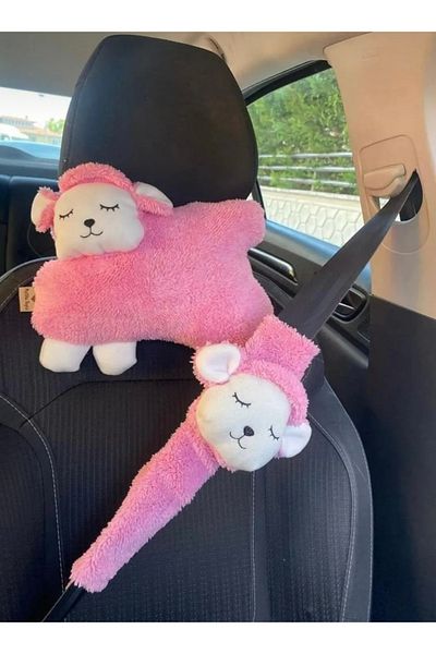 Ece Genç Pink Lamb Car Neck Pillow and Seat Belt Accessory Plush Sheath Set (1 Pillow and 1 Case)