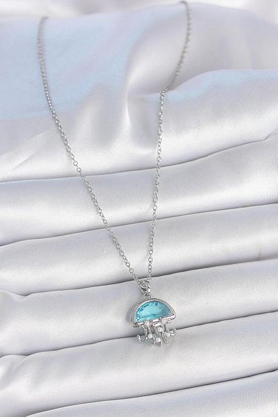 Dazzlecave 316L Stainless Steel Jellyfish Figured Blue Stone Detailed Pearl Stylish Necklace Women's Jewelry Gift