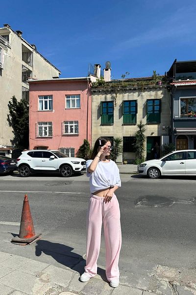 lizge giyim Bel Lace Detail Knitted Striped Pants