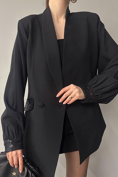 lizge giyim Pul Sequence and Chifon Detail Shawl Collar Jacket