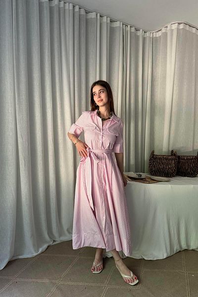 lizge giyim Poplin Striped Belt Dress