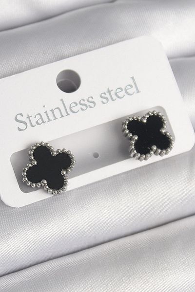 Dazzlecave 316L Stainless Steel Four Leaf Detailed Earrings – Black Enamel, Minimal Chic, Tarnish-Free Steel Earrings