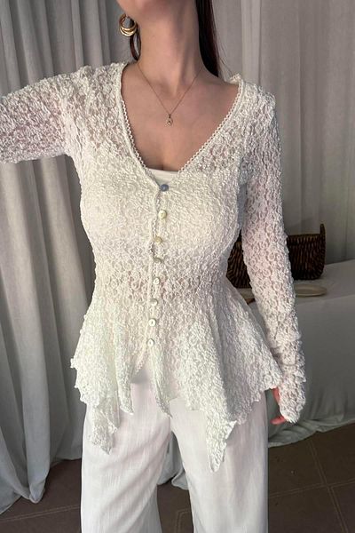 lizge giyim Buttoned Peplum Lace Cardigan
