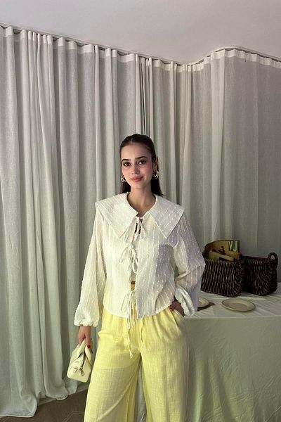 lizge giyim Wide Collar Front Lace Linen Bluz