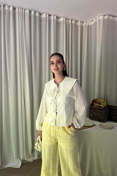 lizge giyim Wide Collar Front Lace Linen Bluz
