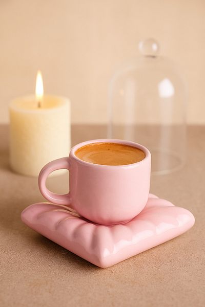 Anadolu Saray Handmade Ceramic Pink Pillow Cushion Model Handmade Turkish Coffee Cup Set 90ml