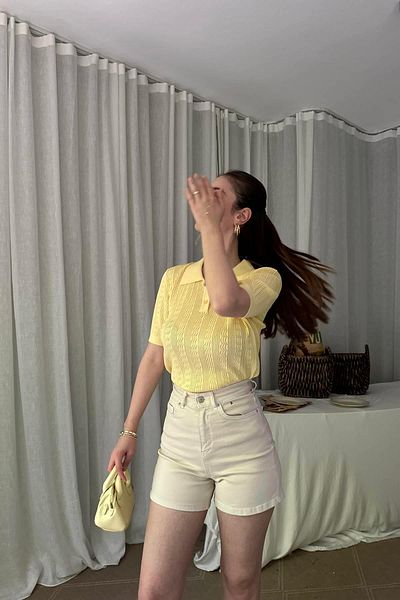 lizge giyim Polo Collar Buttoned Openwork Knitwear Bluz