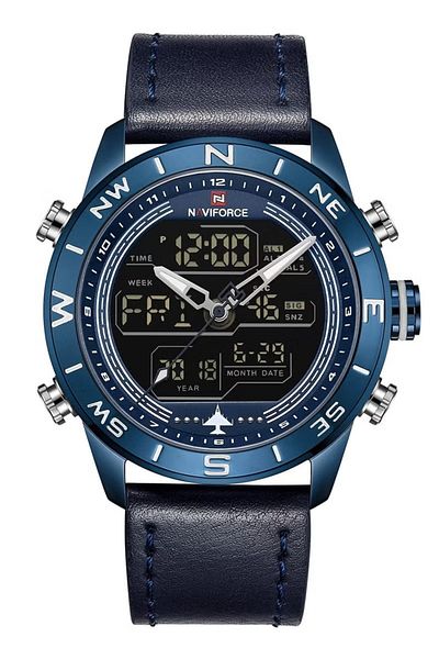 Naviforce Mens Aviation-Style Chronograph Watch Black Dial Leather Strap Blue Analog Digital Quartz Movement