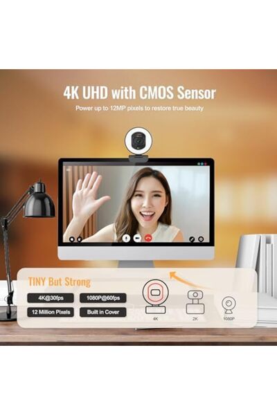 Angetube كاميرا ويب 4K مع إضاءة - كاميرا بث للكمبيوتر الشخصي مع ميكروفون مزدوج لإلغاء الضوضاء بالذكاء الاصطناعي، Au