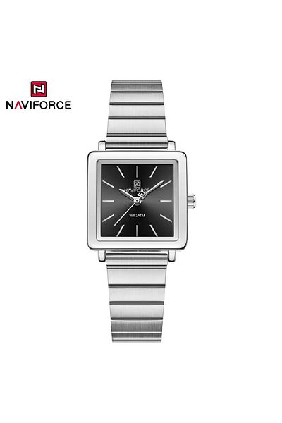 Naviforce Modern Silver Stainless Steel Square Dial Watch with Black Face Quartz Movement and Water Resistance