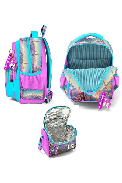 Coral High Elementary School Bag and Lunch Box Set for Girls - Turquoise Pink Anime Girl