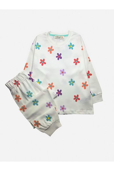 Pajama Shop Girls' 100% Cotton Fabric Small Flowers Pattern White Long Sleeve Winter Pajamas Set