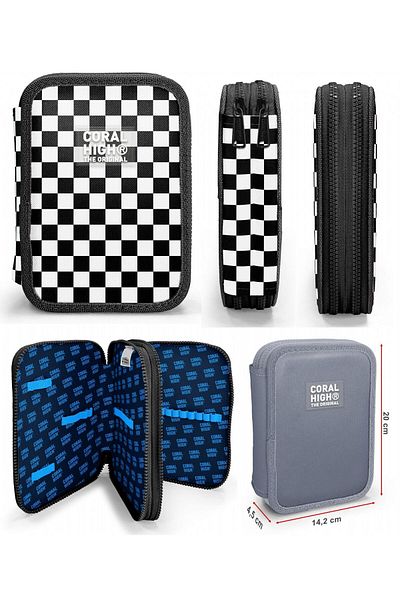 Coral High Black and White Checkered Girl's School Bag and Organizer Pen Holder Set - Primary School and Middle School