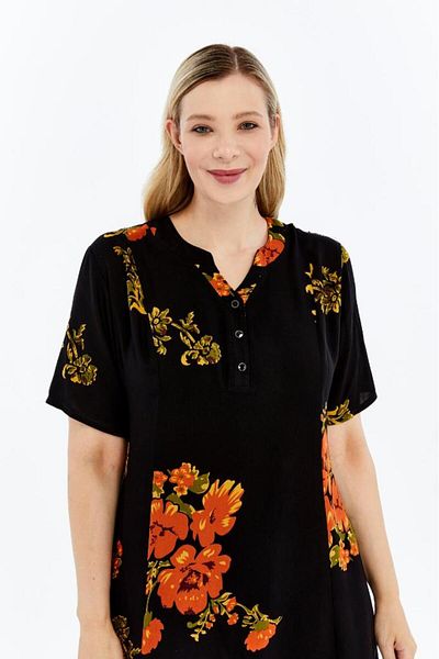 LİKAPA Viscose Black Floor Orange Floral Patterned Summer Women's Dress