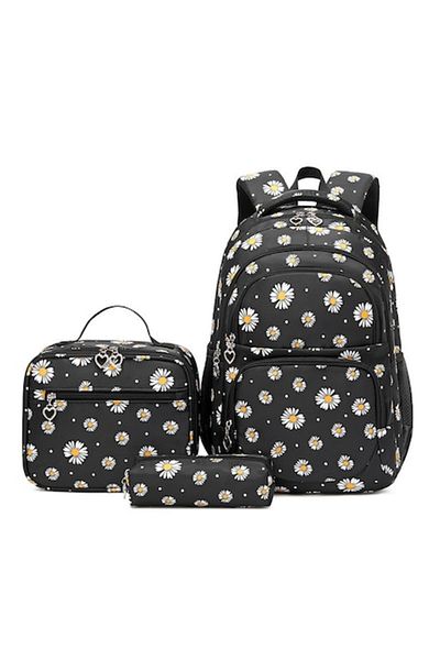 OricareFain Set ghiozdan scoala cu penar si geanta, NEVERMORE, Imprimeu margareta, Rezistent apa, 43 x 29 x 16 c