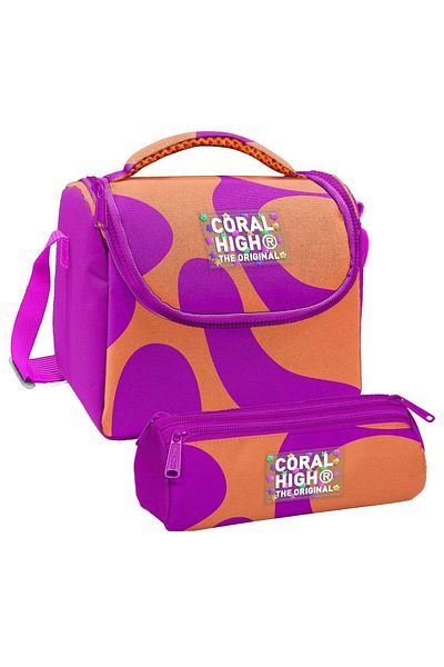 Coral High Girl's Orange Purple Colored Striped Thermo Lunch Box and Three Compartment Pencil Bag
