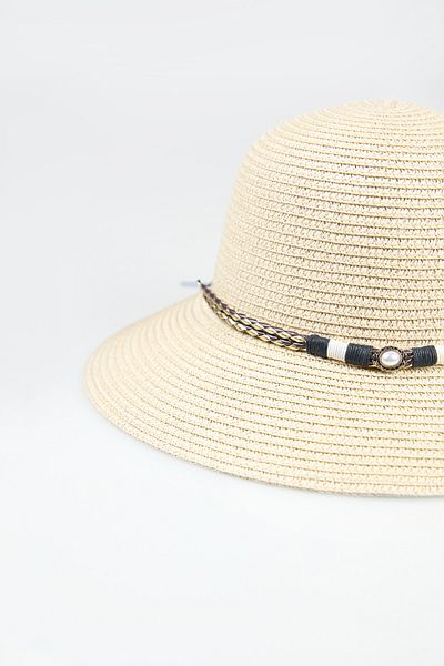 Fulla Moda Leather Detailed Beaded Straw Hat