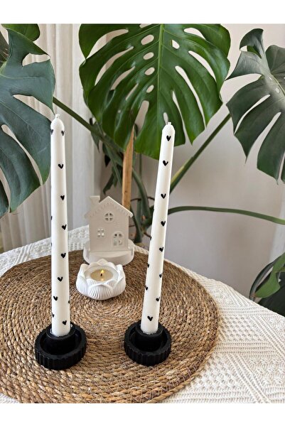 DECORATIVE 2-PIECE BLACK HEART CANDLESTICK CANDLE AND BLACK STRIPE CANDLE HOLDER , AMBER SCENTED CANDLE