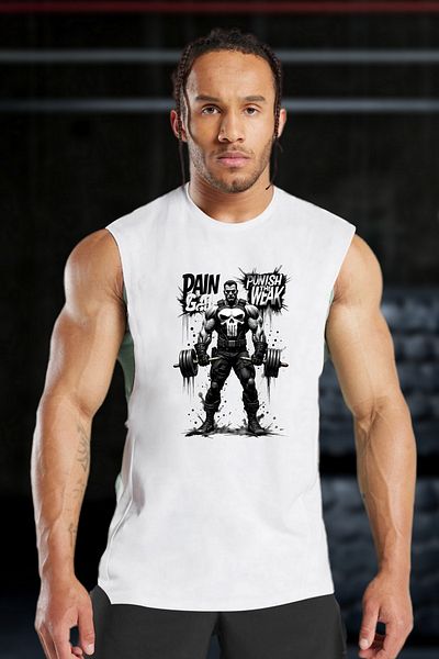 BESSA Men's Punish the Weak Printed White Oversize Crew Neck Cotton Sleeveless T-Shirt/Undershirt