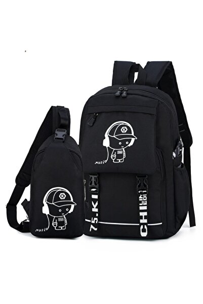 OricareFain School Backpack Set with Shoulder Bag, NEVERMORE, 46 x 31 x 18 cm, Black