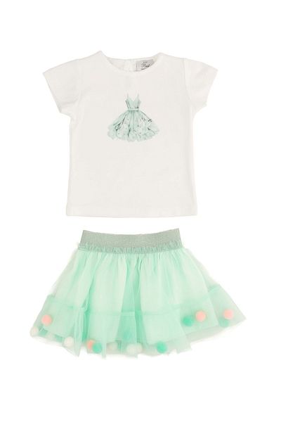 best kids Printed Body Pompom Tulle Skirt Set Mint Green