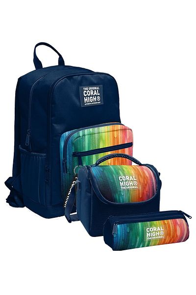 Coral High Primary and Secondary School School Bag Trio - Boy, Navy Blue Multi-Colored Line Pattern