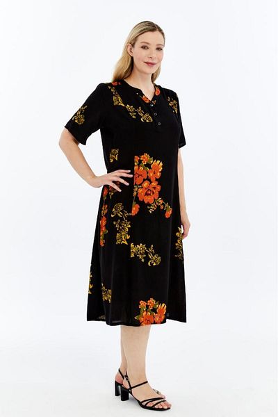 LİKAPA Viscose Black Floor Orange Floral Patterned Summer Women's Dress