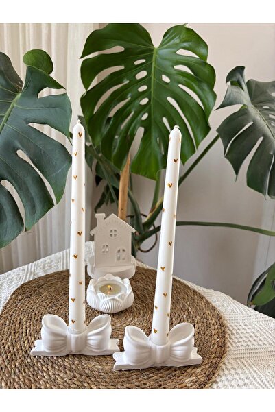 FLAME CANDLE HANDMADE CANDLES DEKORATİF , 2'Lİ GOLD KALPLİ ŞAMDAN MUMU VE FİY...