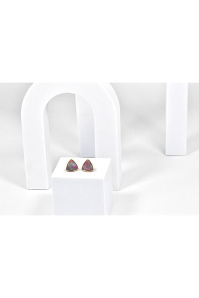 NARRU Handmade earrings, stylized triangle, pink, turquoise and gold, Vasia