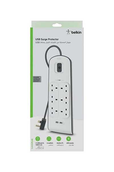 Belkin شريط حماية من زيادة التيار بستة اتجاهات مع منفذي USB أبيض 49.2 سم