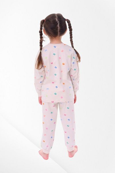 Pajama Shop Girls' 100% Cotton Fabric Butterflies Patterned Cream Long Sleeve Winter Pajama Set