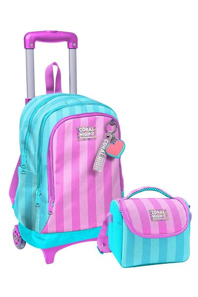 Coral High Illuminated Wheeled Rickshaw School Bag + Thermal Insulated Lunch Bag - Girl - Turkua