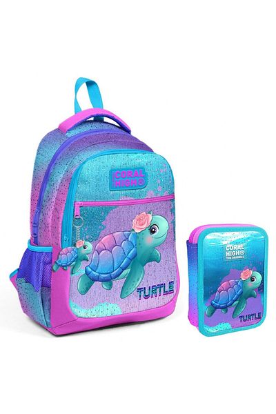 Coral High Turquoise Pink Turtle Girl's School Bag and Organizer Pen Holder Set 23497+11134