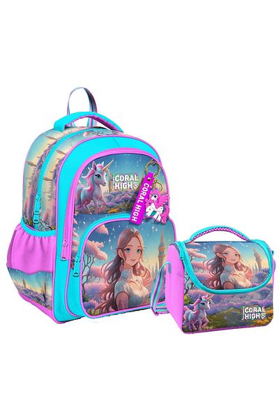 Coral High Elementary School Bag and Lunch Box Set for Girls - Turquoise Pink Anime Girl