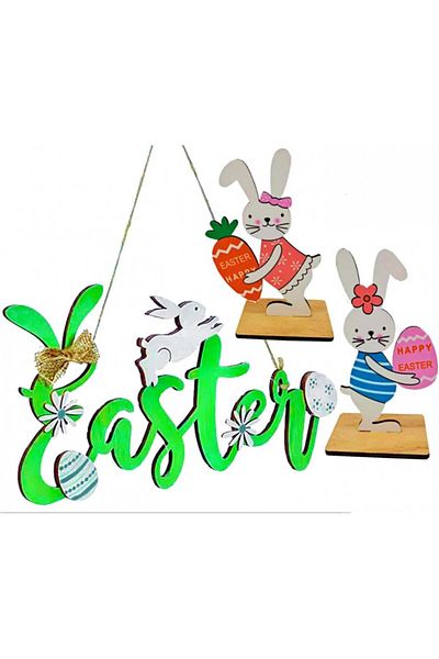 Niurui Set of 3 Easter decorations, wood, multicolor