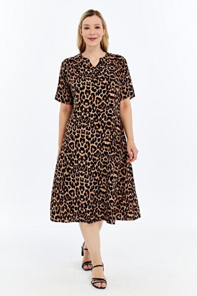 LİKAPA Kısa Kollu Leopar Desenli Viskon Anne Elbisesi