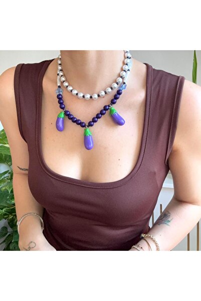 Alice İsstanbul 2-Piece Pearl Beaded Eggplant Necklace