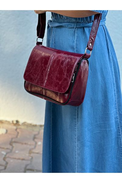 Deribag Piele autentică, mărime medie, roșu claret, curea încrucișată, geantă de umăr pentru femei 25*21*8 cm