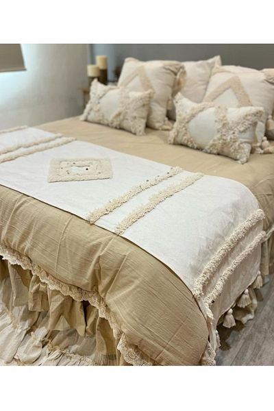 Kubrahobi Dowry Cover Double Bed Runner 30 X 50 2 Pieces Throw Pillow Case Set Bohemian Model Ecru Color