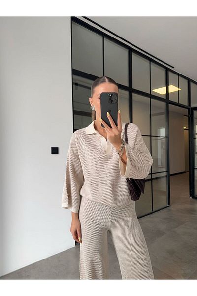 BB Bensu Buyruk Polo Collar Blouse Pants with Hole Knit Set