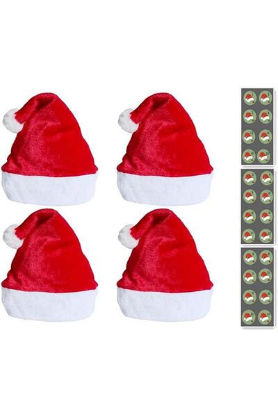 Maduoer Set of 4 Christmas hats with stickers, plush, red/white