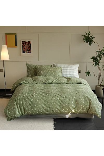 Pucioasa 100% cotton bed linen with elastic, green with flowers