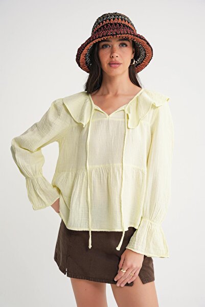 Mixray 4714 Γυναικεία μπλούζα μουσελίνας με φαρδιά πέτο παστέλ κίτρινο