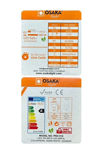 Osaka (1 Adet) 5W (40W) Sarı Işık (3000K) G4 Duylu (İğne Bacak) Led Çanak Ampul