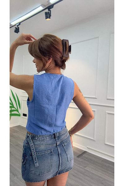 Daves Buttoned Linen Vest -Blue