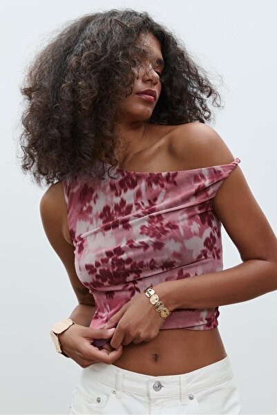 Stradivarius Desenli asimetrik tül bluz