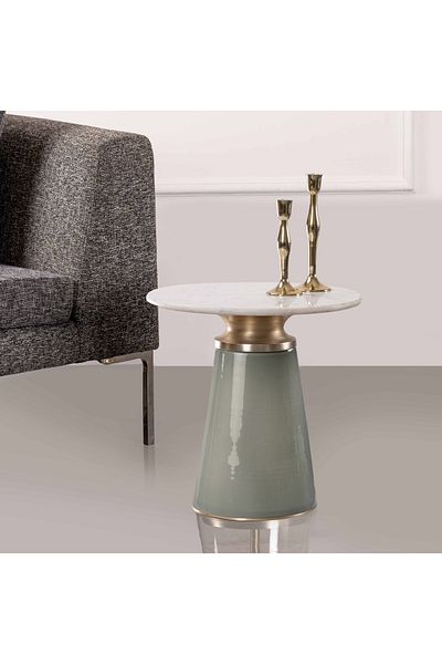 Generic طاولة جانبية بقاعدة زجاجية رمادية وسطح من الرخام الأبيض - 46 × 46 سم