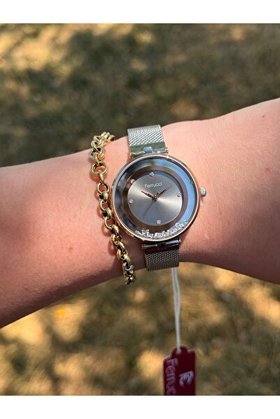 Ferrucci GÜMÜŞ VE ROSEGOLD İKİ RENKLİ ŞIK TAŞLI KADANLI ÇELİK HASIR KORDONLU SU GEÇİRMEZ KADIN SAATİ