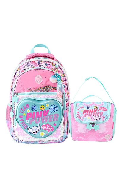 MUGGLE 4 Compartment Pink Power School Bag + Lunch Box Pink Set of 2